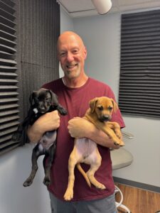 Randy with male puppies Randy and Hugg